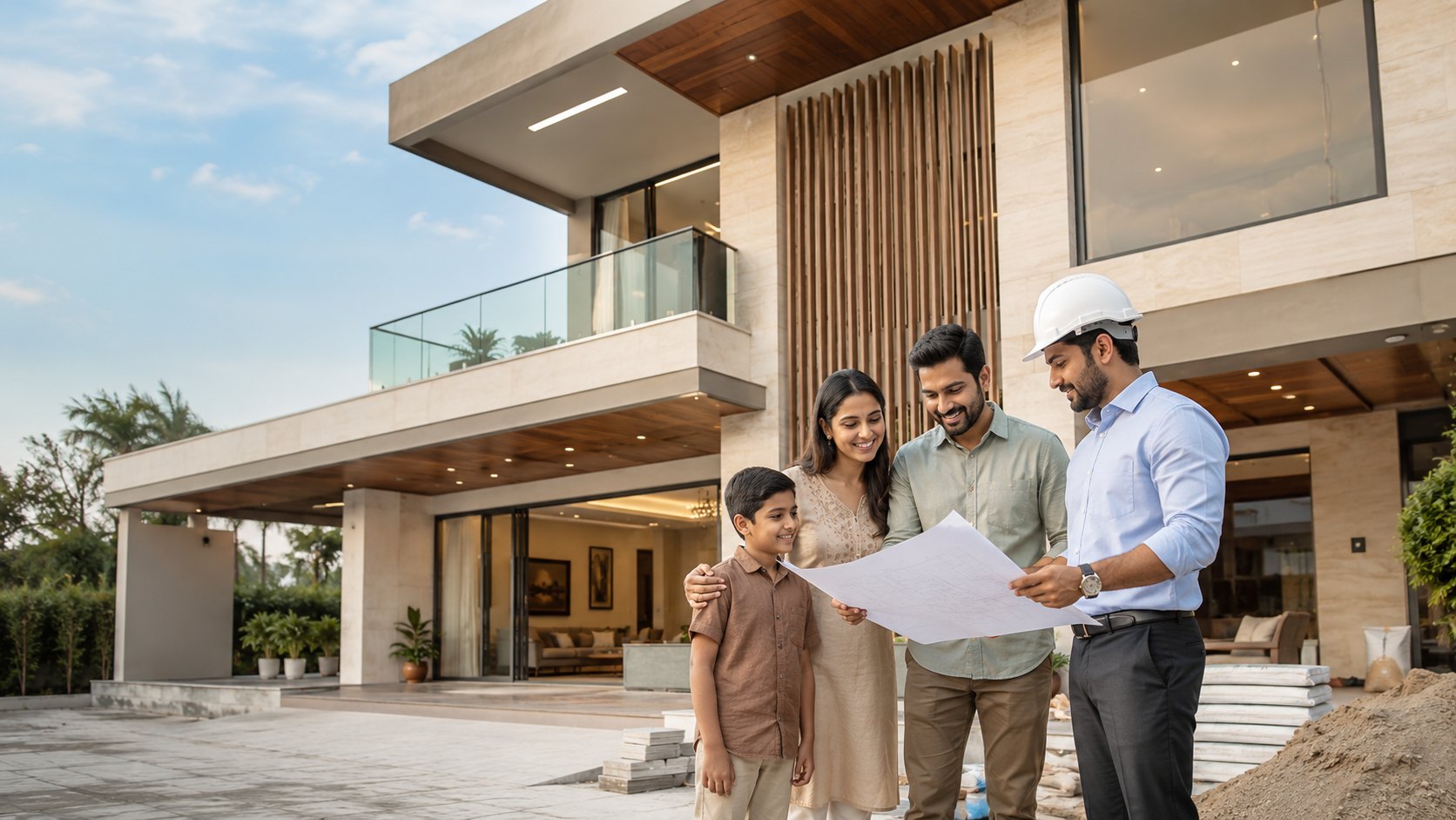Family consulting Athar construction expert outside a modern home